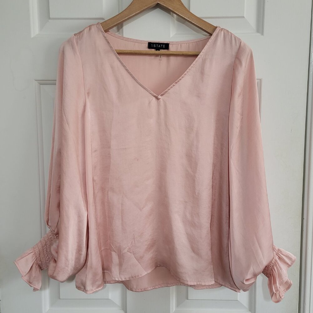1. State Pink V-Neck Balloon Sleeve Satin Blouse